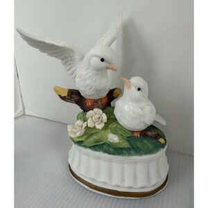 Ceramic Doves Music Box Plays Memory Figurine Love Birds Pair Branch 80s VTG 6”